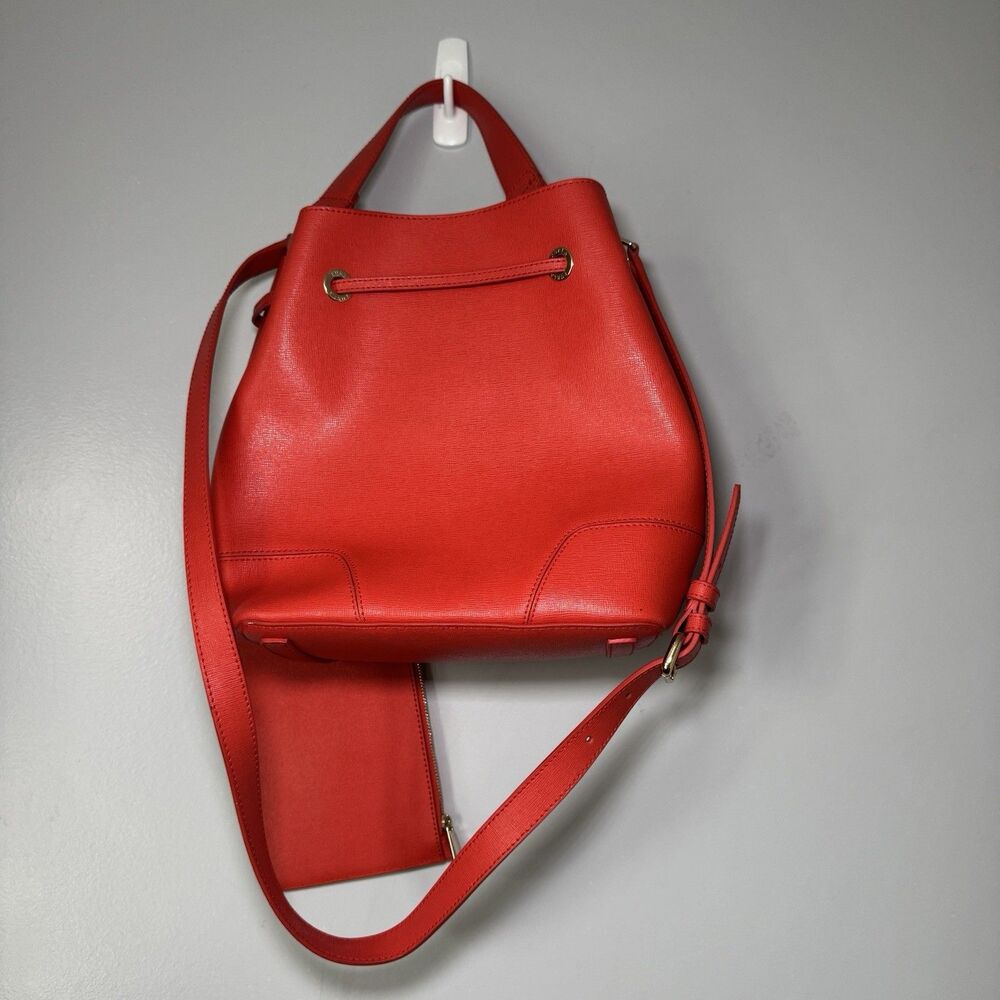 NWT Furla Orange Saffiano Stacy Leather Bucket Bag with Matching Pouch